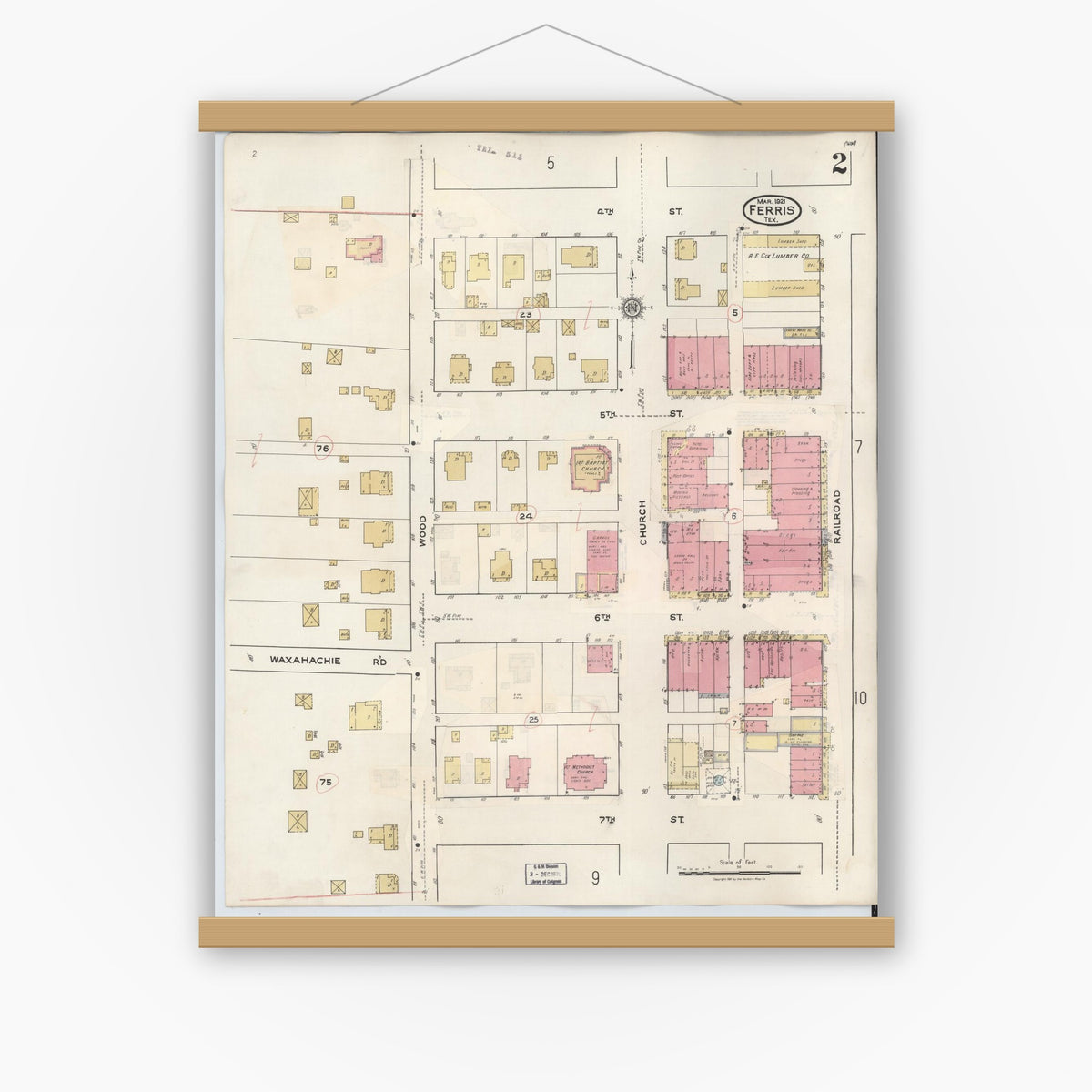 Old map wall art mockup — magnetic wood frame on white wall — Sanborn Fire Insurance Map from Ferris, Ellis County, Texas (1941), Sheet #0002