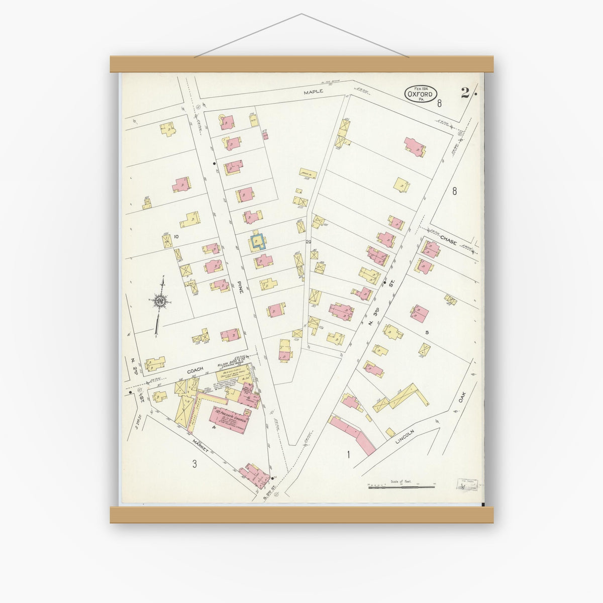 Old map wall art mockup — magnetic wood frame on white wall — Sanborn Fire Insurance Map from Oxford, Chester County, Pennsylvania (1914), Sheet #0002