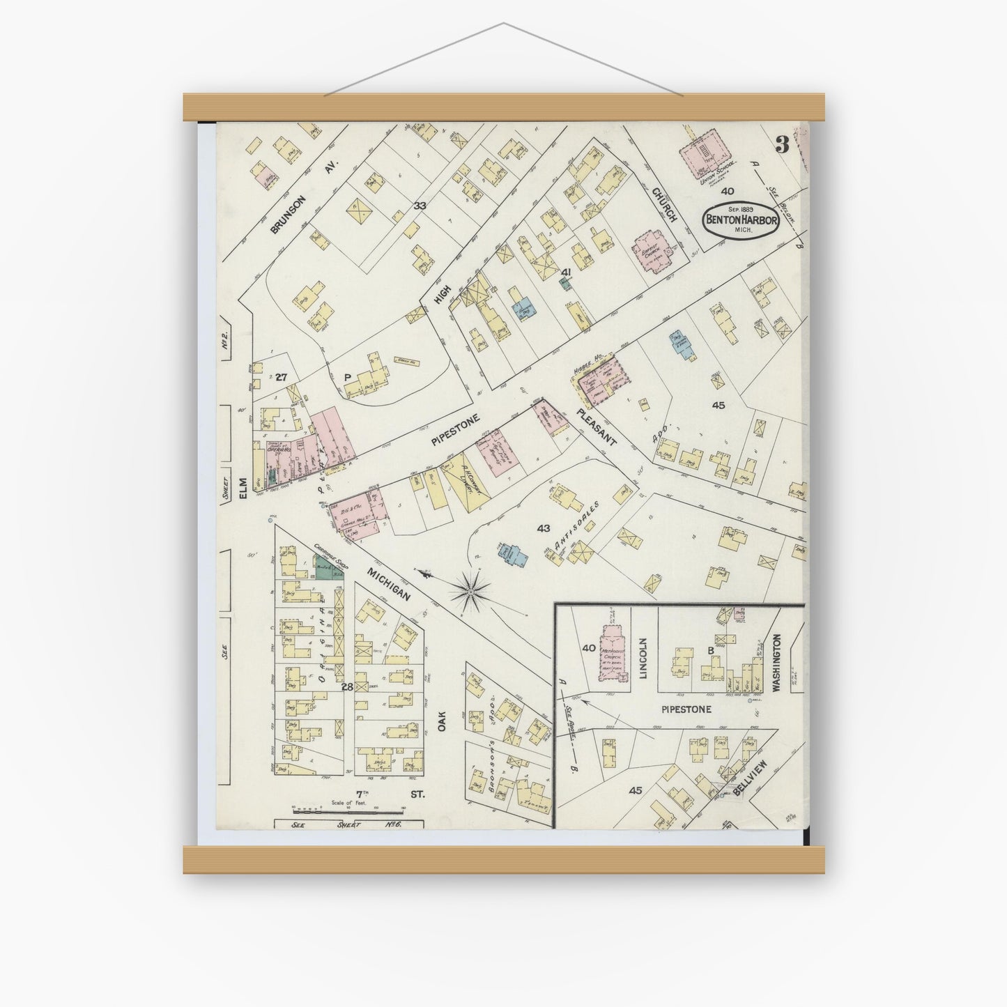 Old map wall art mockup — magnetic wood frame on white wall — Sanborn Fire Insurance Map from Benton Harbor, Berrien County, Michigan (1889), Sheet #0003