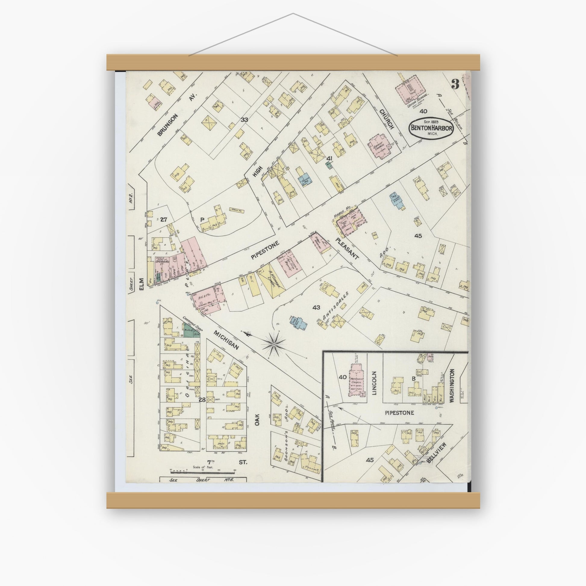 Old map wall art mockup — magnetic wood frame on white wall — Sanborn Fire Insurance Map from Benton Harbor, Berrien County, Michigan (1889), Sheet #0003