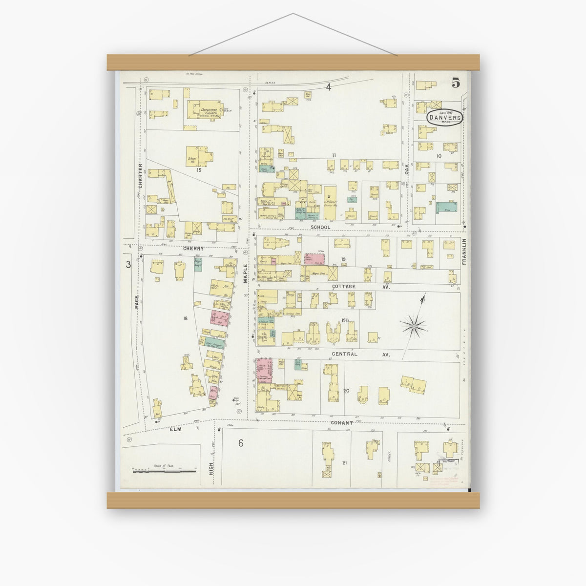 Old map wall art mockup — magnetic wood frame on white wall — Sanborn Fire Insurance Map from Danvers, Essex County, Massachusetts (1897), Sheet #0005