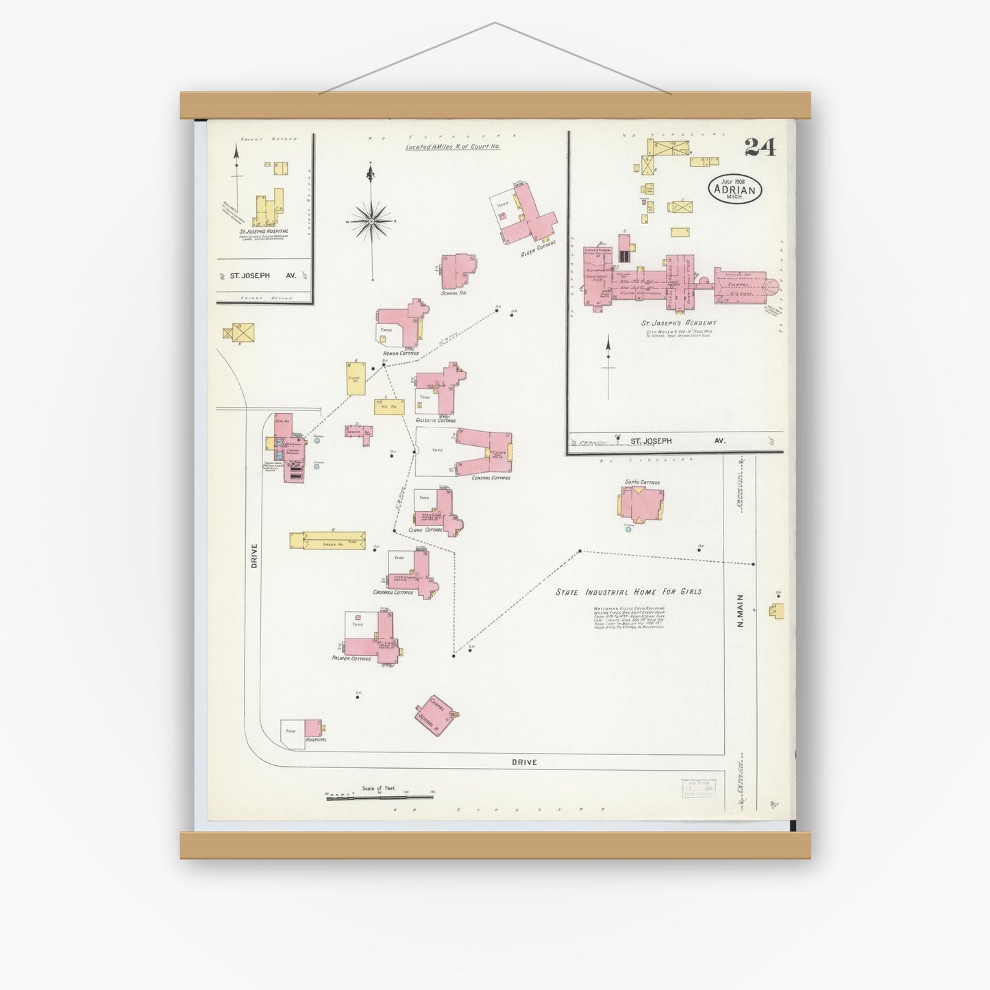 Old map wall art mockup — magnetic wood frame on white wall — Sanborn Fire Insurance Map from Adrian, Lenawee County, Michigan (1908), Sheet #0024