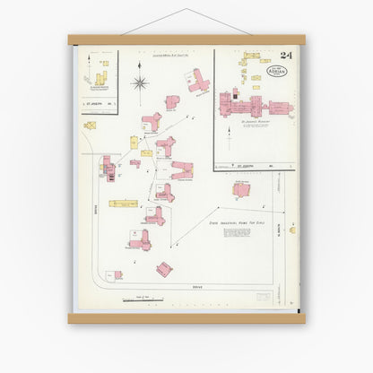 Old map wall art mockup — magnetic wood frame on white wall — Sanborn Fire Insurance Map from Adrian, Lenawee County, Michigan (1908), Sheet #0024
