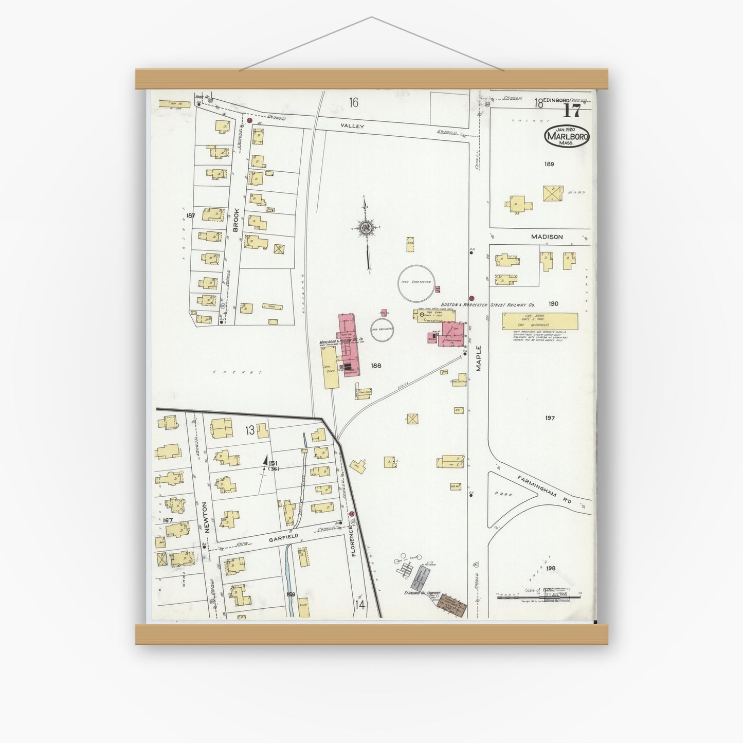 Old map wall art mockup — magnetic wood frame on white wall — Sanborn Fire Insurance Map from Marlborough, Middlesex County, Massachusetts (1920), Sheet #0017