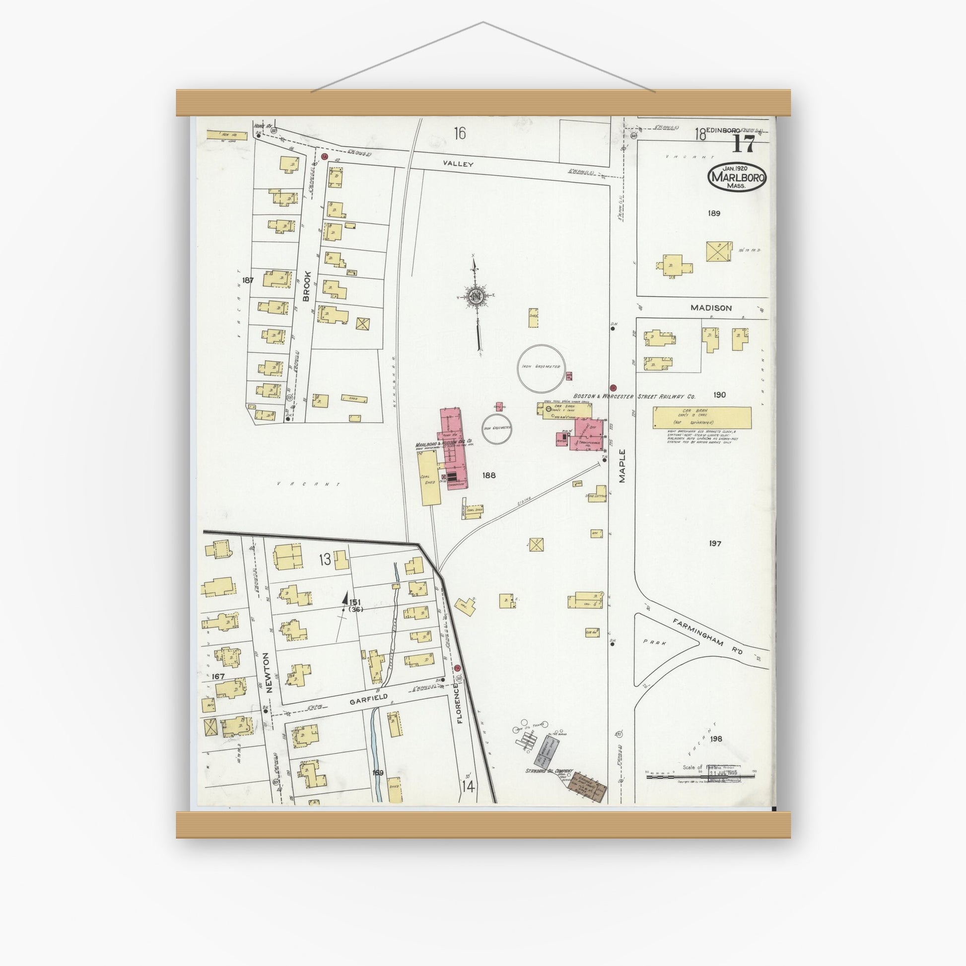 Old map wall art mockup — magnetic wood frame on white wall — Sanborn Fire Insurance Map from Marlborough, Middlesex County, Massachusetts (1920), Sheet #0017