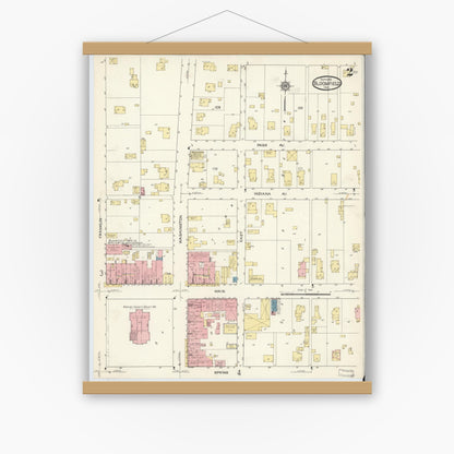 Old map wall art mockup — magnetic wood frame on white wall — Sanborn Fire Insurance Map from Bloomfield, Greene County, Indiana (1913), Sheet #0002