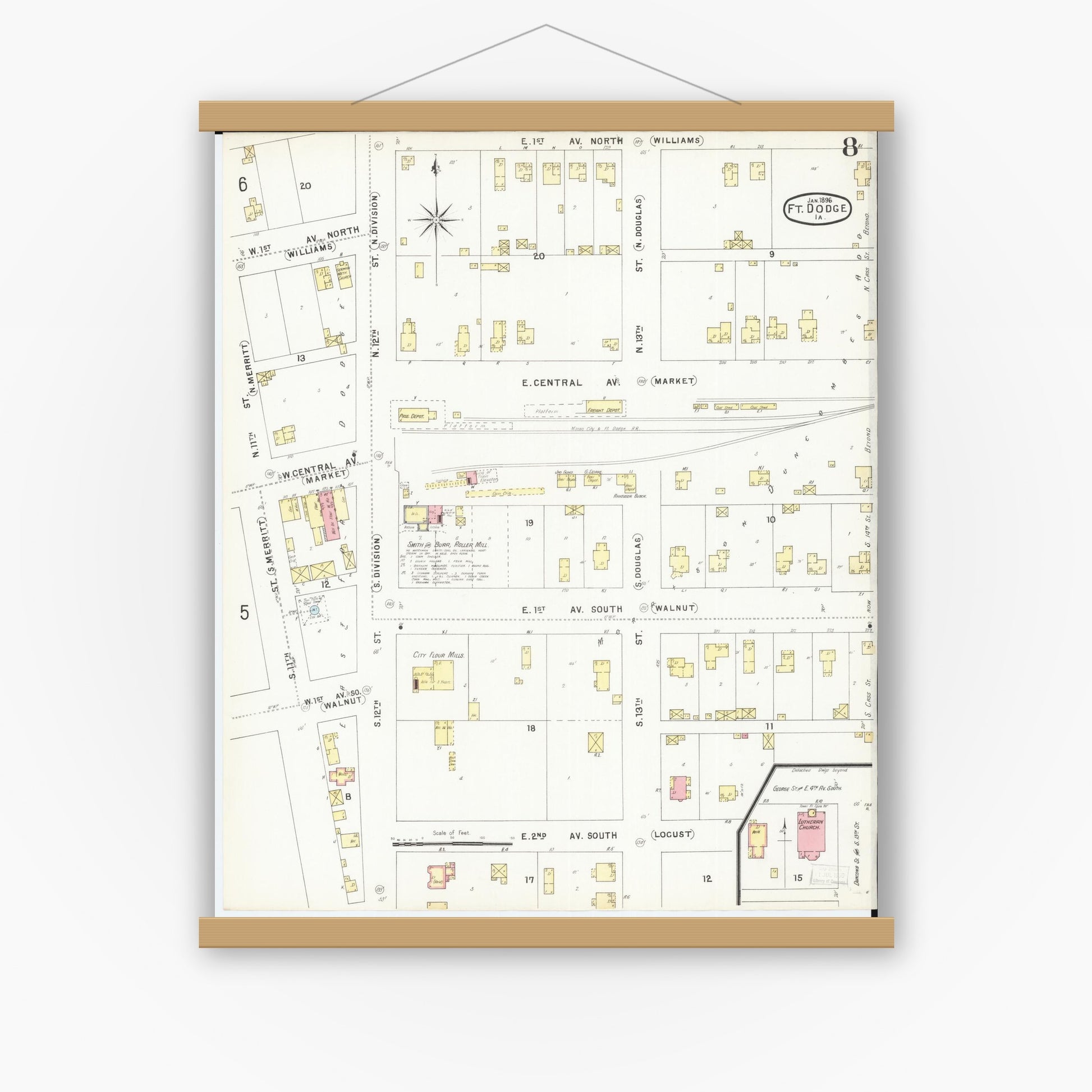 Old map wall art mockup — magnetic wood frame on white wall — Sanborn Fire Insurance Map from Fort Dodge, Webster County, Iowa (1896), Sheet #0008