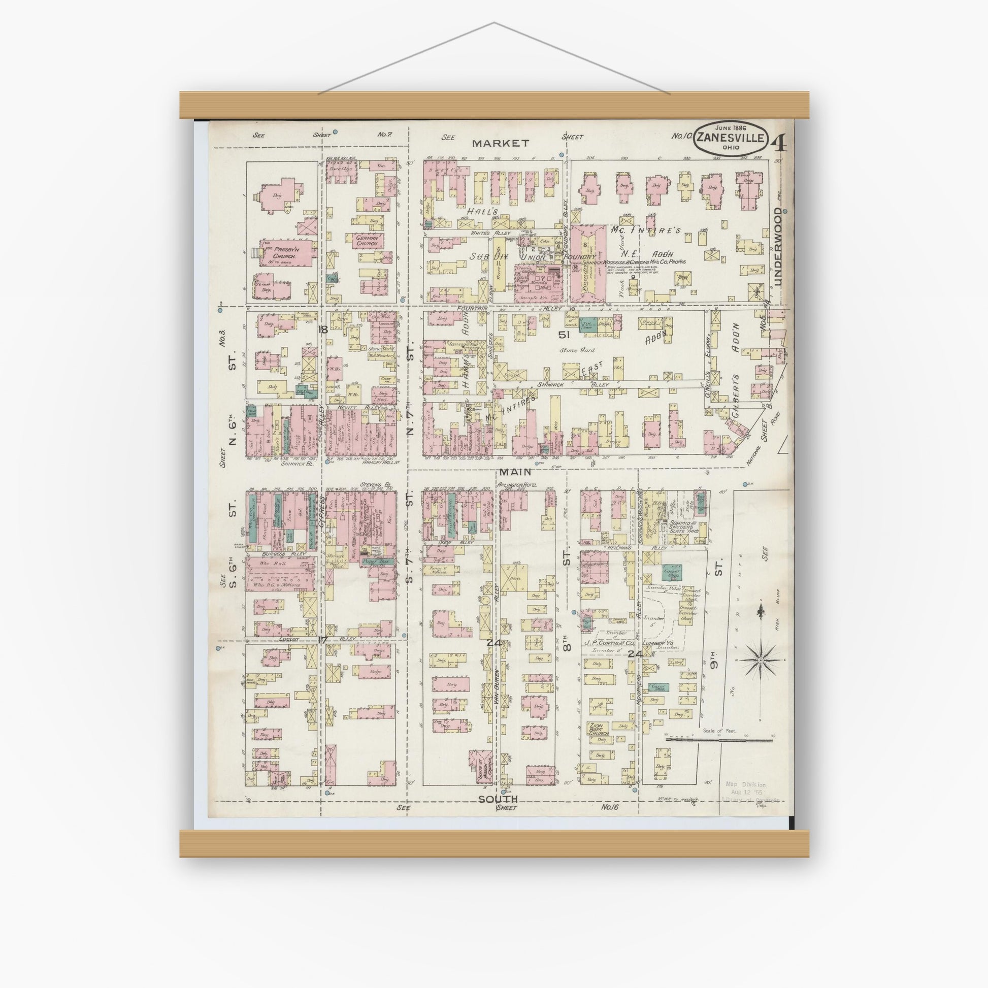 Old map wall art mockup — magnetic wood frame on white wall — Sanborn Fire Insurance Map from Zanesville, Muskingum County, Ohio (1886), Sheet #0004