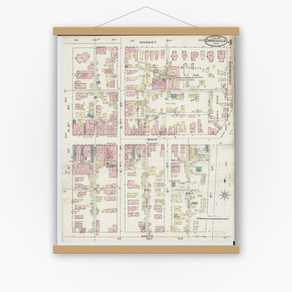 Old map wall art mockup — magnetic wood frame on white wall — Sanborn Fire Insurance Map from Zanesville, Muskingum County, Ohio (1886), Sheet #0004