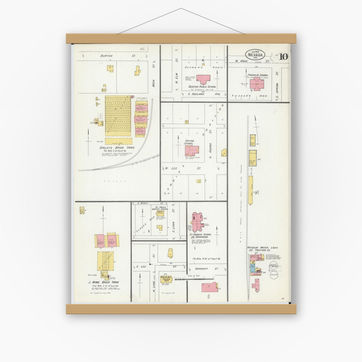 Old map wall art mockup — magnetic wood frame on white wall — Sanborn Fire Insurance Map from Nevada, Vernon County, Missouri (1900), Sheet #0010