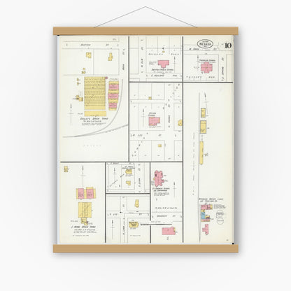 Old map wall art mockup — magnetic wood frame on white wall — Sanborn Fire Insurance Map from Nevada, Vernon County, Missouri (1900), Sheet #0010