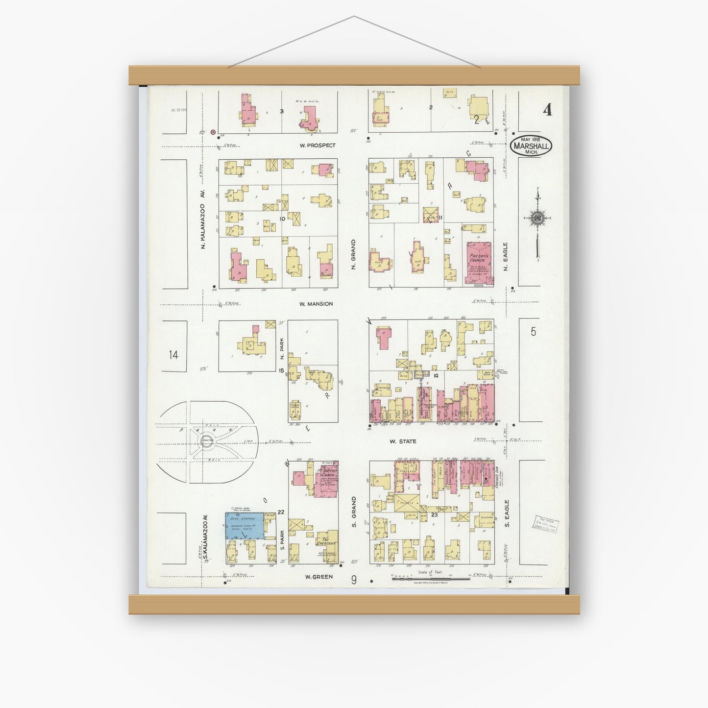 Old map wall art mockup — magnetic wood frame on white wall — Sanborn Fire Insurance Map from Marshall, Calhoun County, Michigan (1916), Sheet #0004