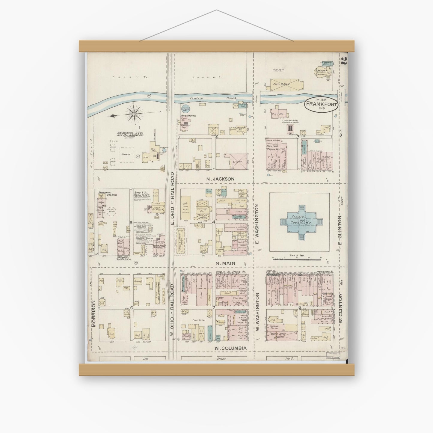 Old map wall art mockup — magnetic wood frame on white wall — Sanborn Fire Insurance Map from Frankfort, Clinton County, Indiana (1887), Sheet #0002