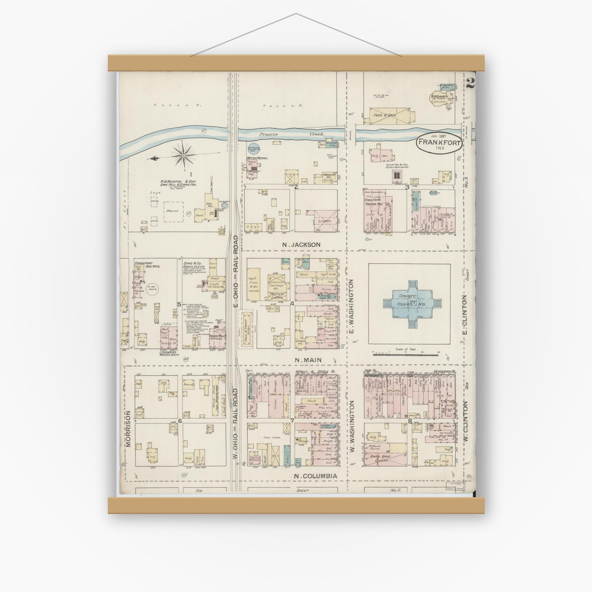 Old map wall art mockup — magnetic wood frame on white wall — Sanborn Fire Insurance Map from Frankfort, Clinton County, Indiana (1887), Sheet #0002
