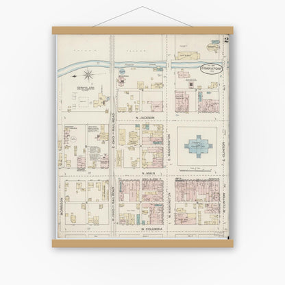 Old map wall art mockup — magnetic wood frame on white wall — Sanborn Fire Insurance Map from Frankfort, Clinton County, Indiana (1887), Sheet #0002