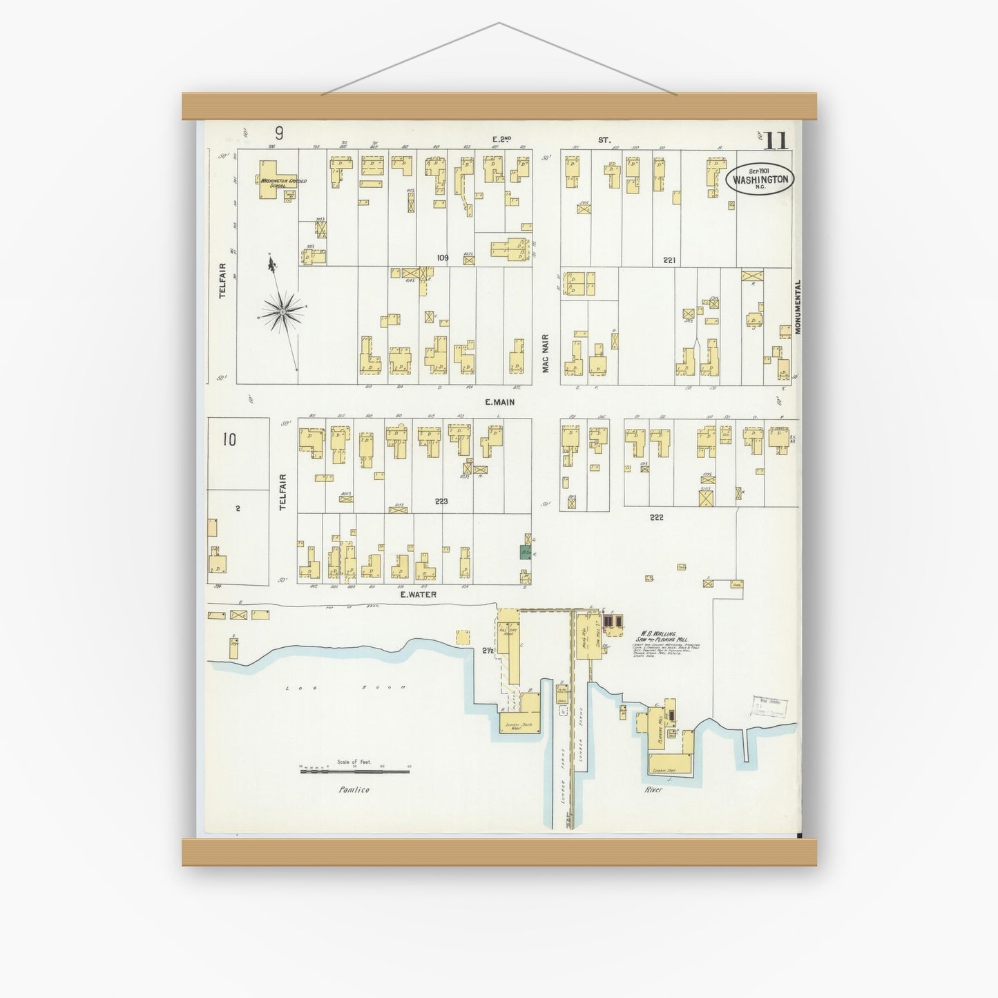 Old map wall art mockup — magnetic wood frame on white wall — Sanborn Fire Insurance Map from Washington, Beaufort County, North Carolina (1901), Sheet #0011