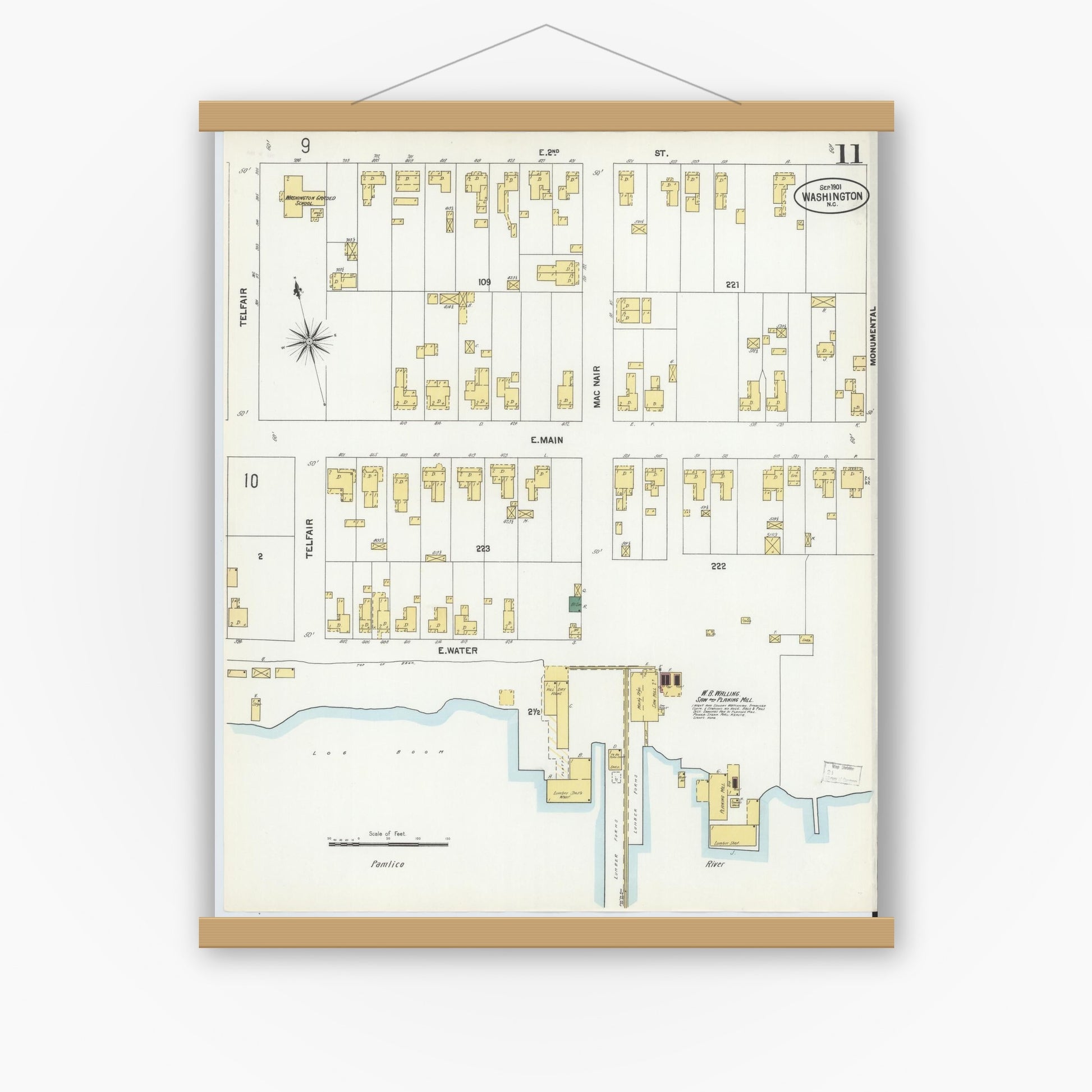 Old map wall art mockup — magnetic wood frame on white wall — Sanborn Fire Insurance Map from Washington, Beaufort County, North Carolina (1901), Sheet #0011