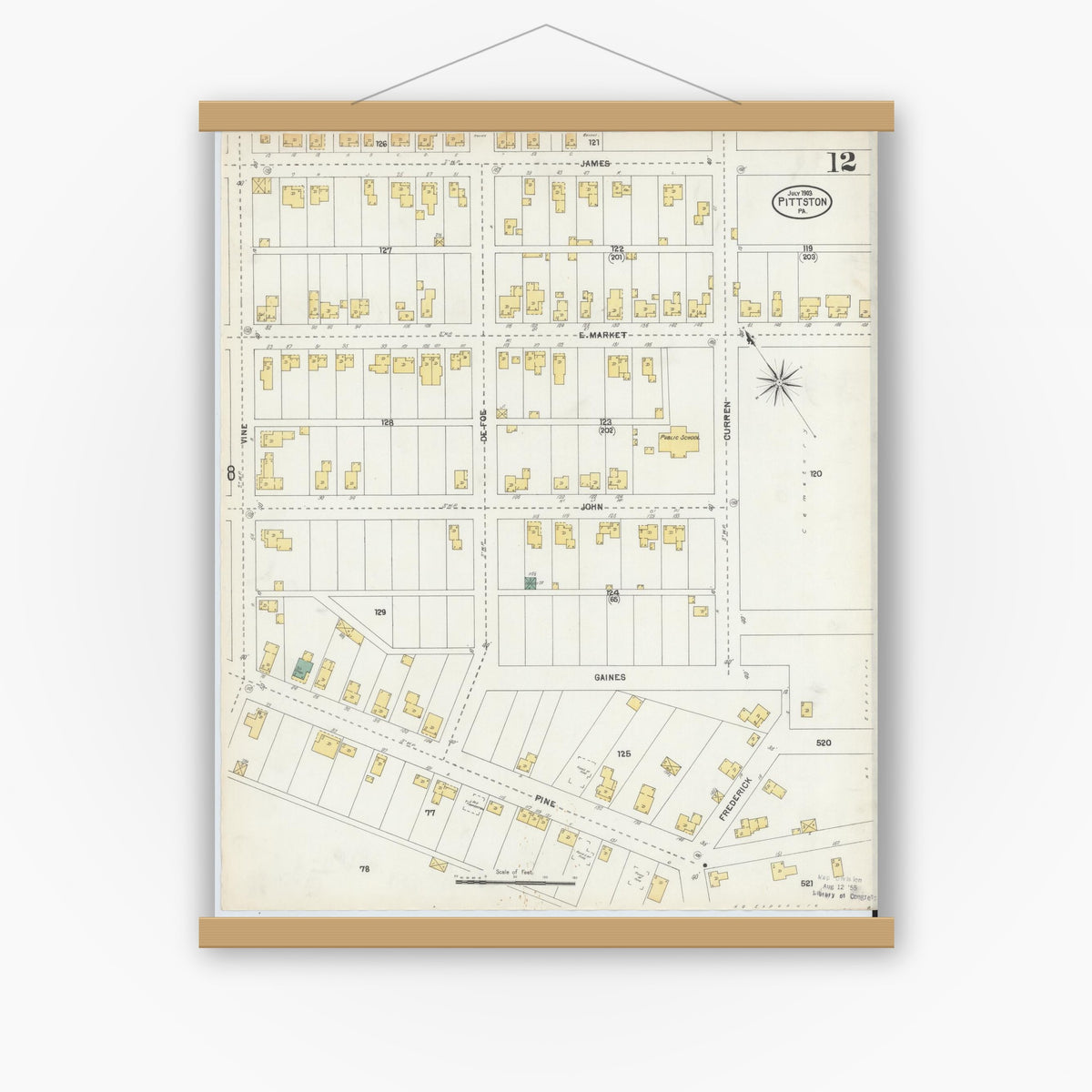 Old map wall art mockup — magnetic wood frame on white wall — Sanborn Fire Insurance Map from Pittston, Luzerne County, Pennsylvania (1903), Sheet #0012