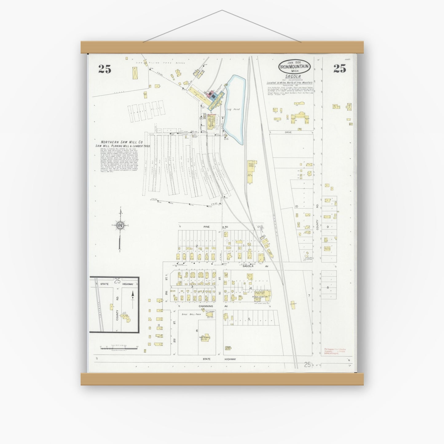 Old map wall art mockup — magnetic wood frame on white wall — Sanborn Fire Insurance Map from Iron Mountain, Dickinson County, Michigan (1930), Sheet #0025