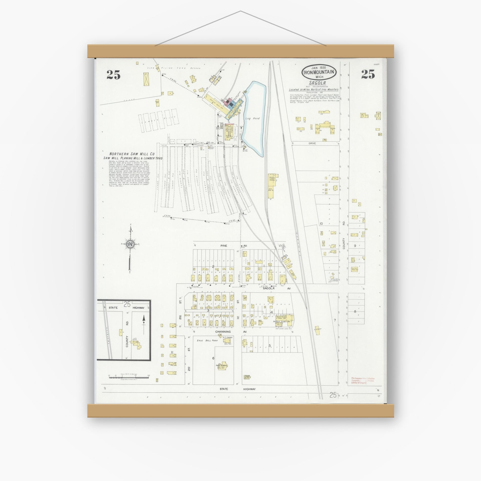 Old map wall art mockup — magnetic wood frame on white wall — Sanborn Fire Insurance Map from Iron Mountain, Dickinson County, Michigan (1930), Sheet #0025