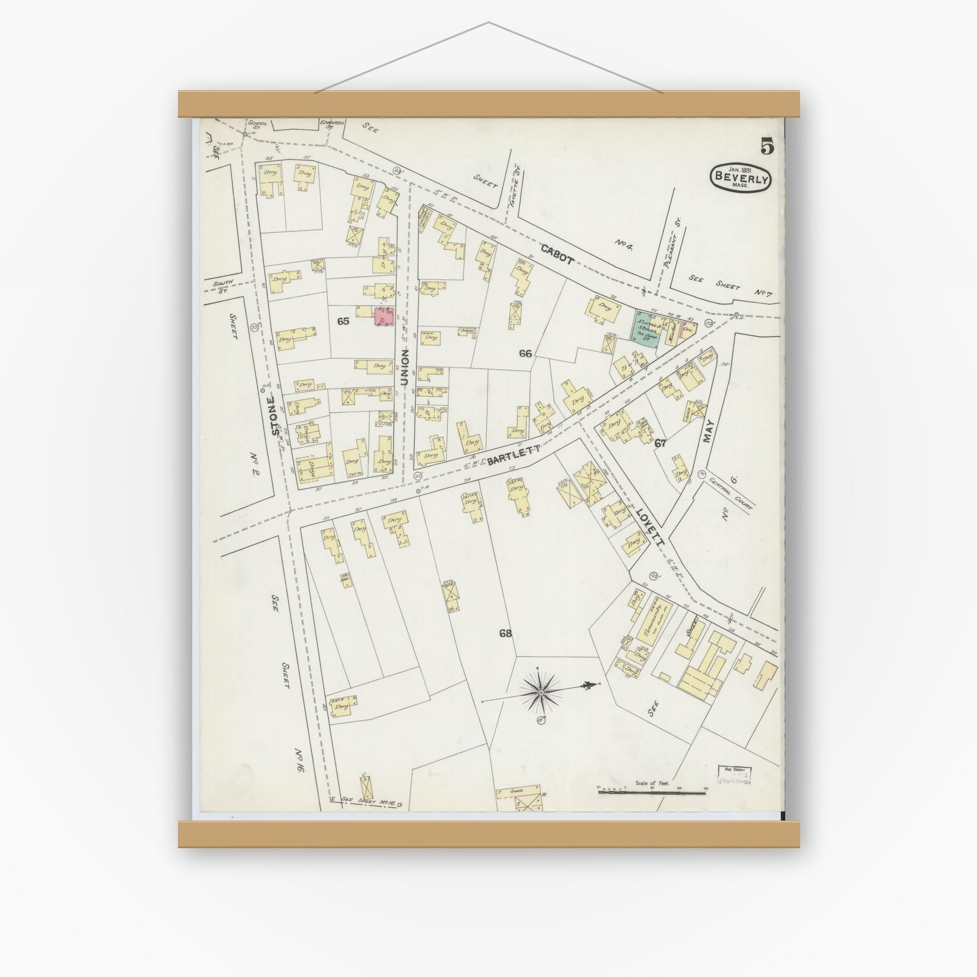 Old map wall art mockup — magnetic wood frame on white wall — Sanborn Fire Insurance Map from Beverly, Essex County, Massachusetts (1891), Sheet #0005