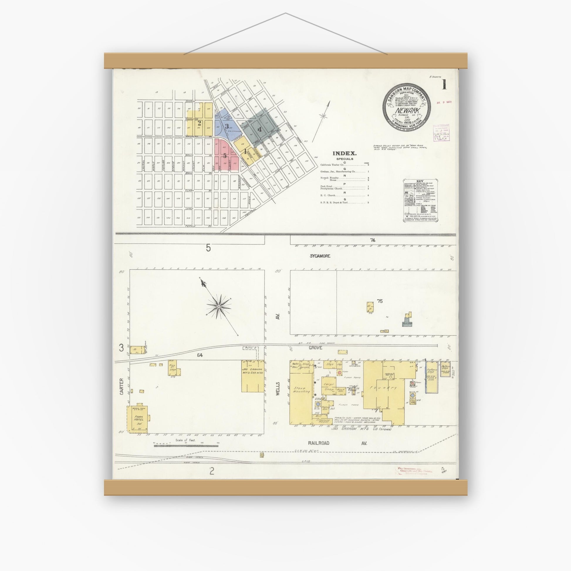 Old map wall art mockup — magnetic wood frame on white wall — Sanborn Fire Insurance Map from Newark, Alameda County, California (1908), Sheet #0001
