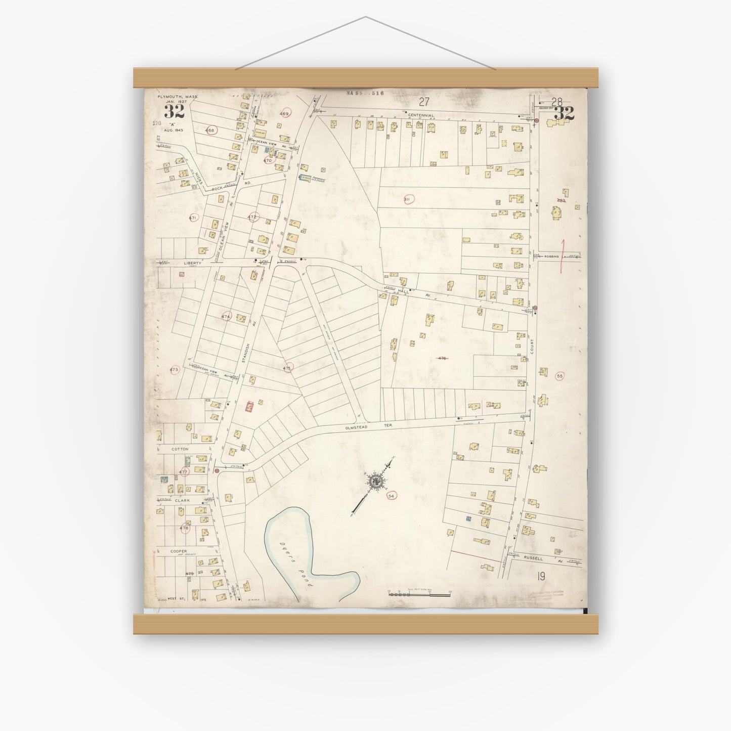 Old map wall art mockup — magnetic wood frame on white wall — Sanborn Fire Insurance Map from Plymouth, Plymouth County, Massachusetts (1948), Sheet #0032