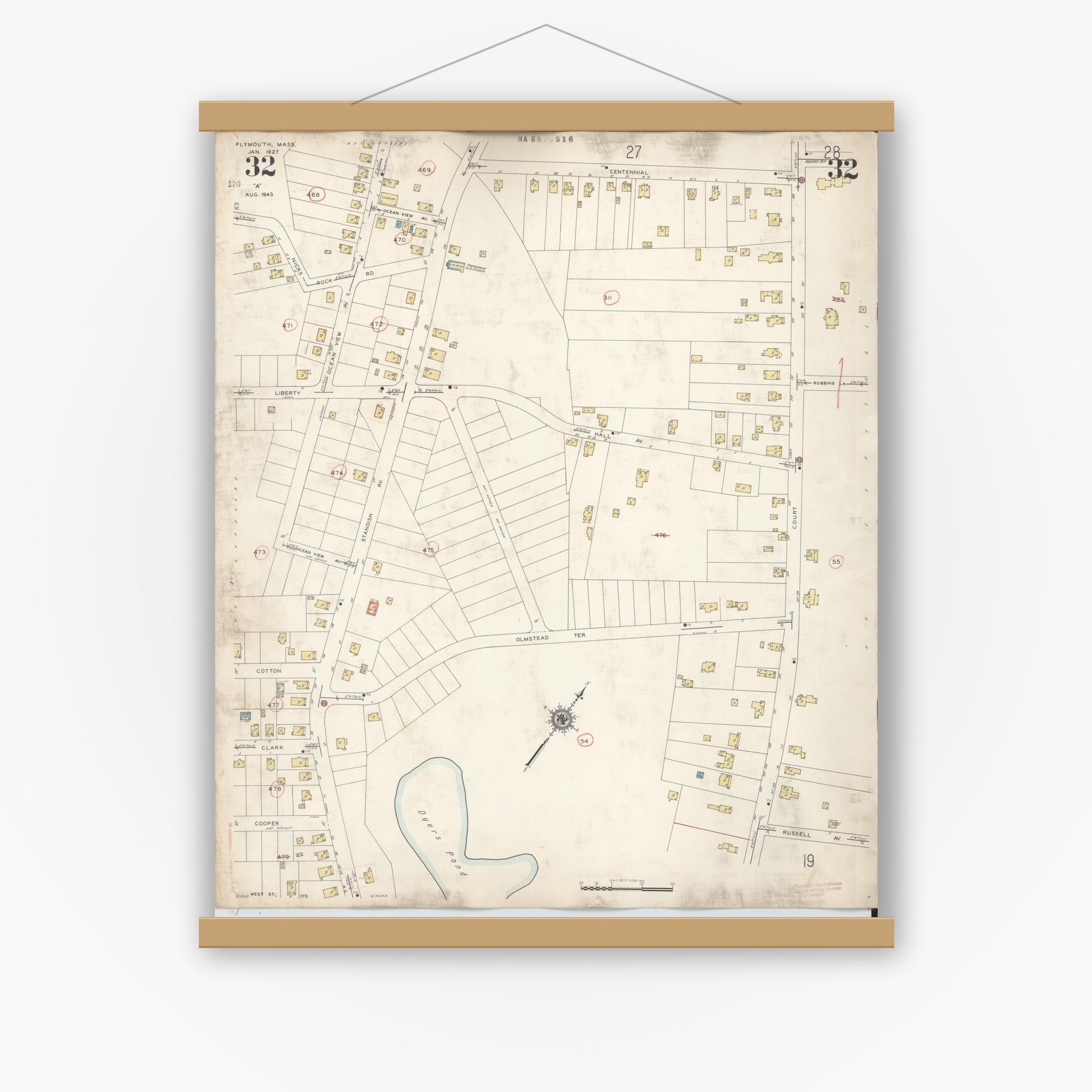 Old map wall art mockup — magnetic wood frame on white wall — Sanborn Fire Insurance Map from Plymouth, Plymouth County, Massachusetts (1948), Sheet #0032