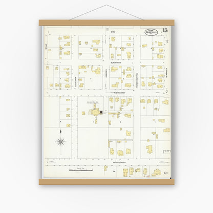 Old map wall art mockup — magnetic wood frame on white wall — Sanborn Fire Insurance Map from Gainesville, Cooke County, Texas (1908), Sheet #0015