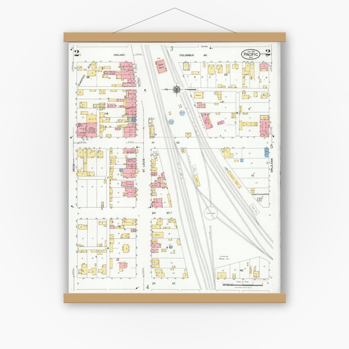 Old map wall art mockup — magnetic wood frame on white wall — Sanborn Fire Insurance Map from Pacific, Franklin County, Missouri (1929), Sheet #0002