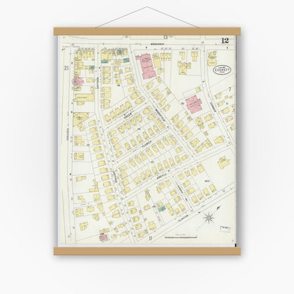 Old map wall art mockup — magnetic wood frame on white wall — Sanborn Fire Insurance Map from Everett, Middlesex County, Massachusetts (1897), Sheet #0012