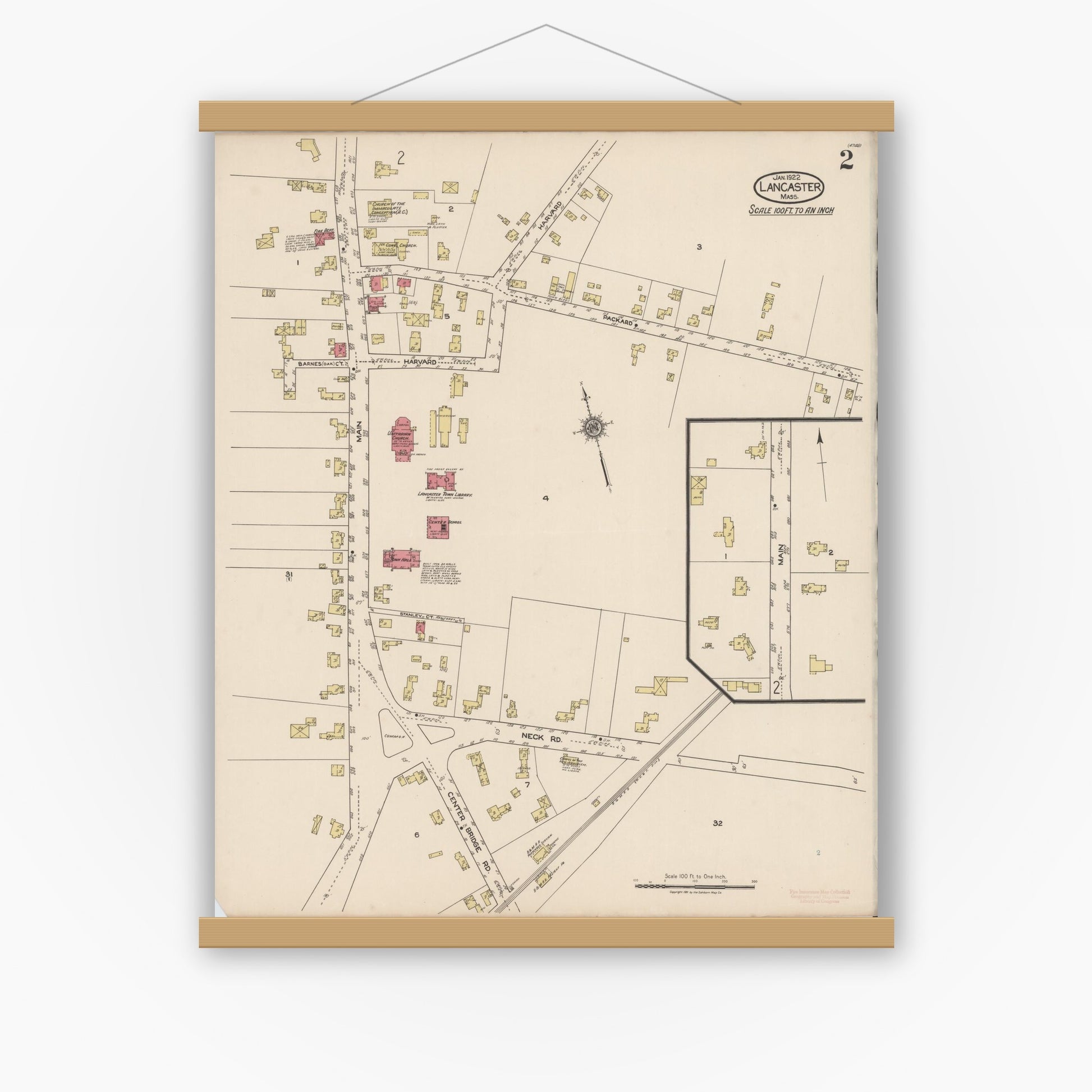 Old map wall art mockup — magnetic wood frame on white wall — Sanborn Fire Insurance Map from Lancaster, Worcester County, Massachusetts (1922), Sheet #0002
