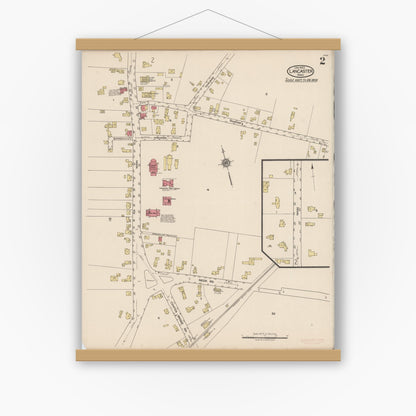Old map wall art mockup — magnetic wood frame on white wall — Sanborn Fire Insurance Map from Lancaster, Worcester County, Massachusetts (1922), Sheet #0002