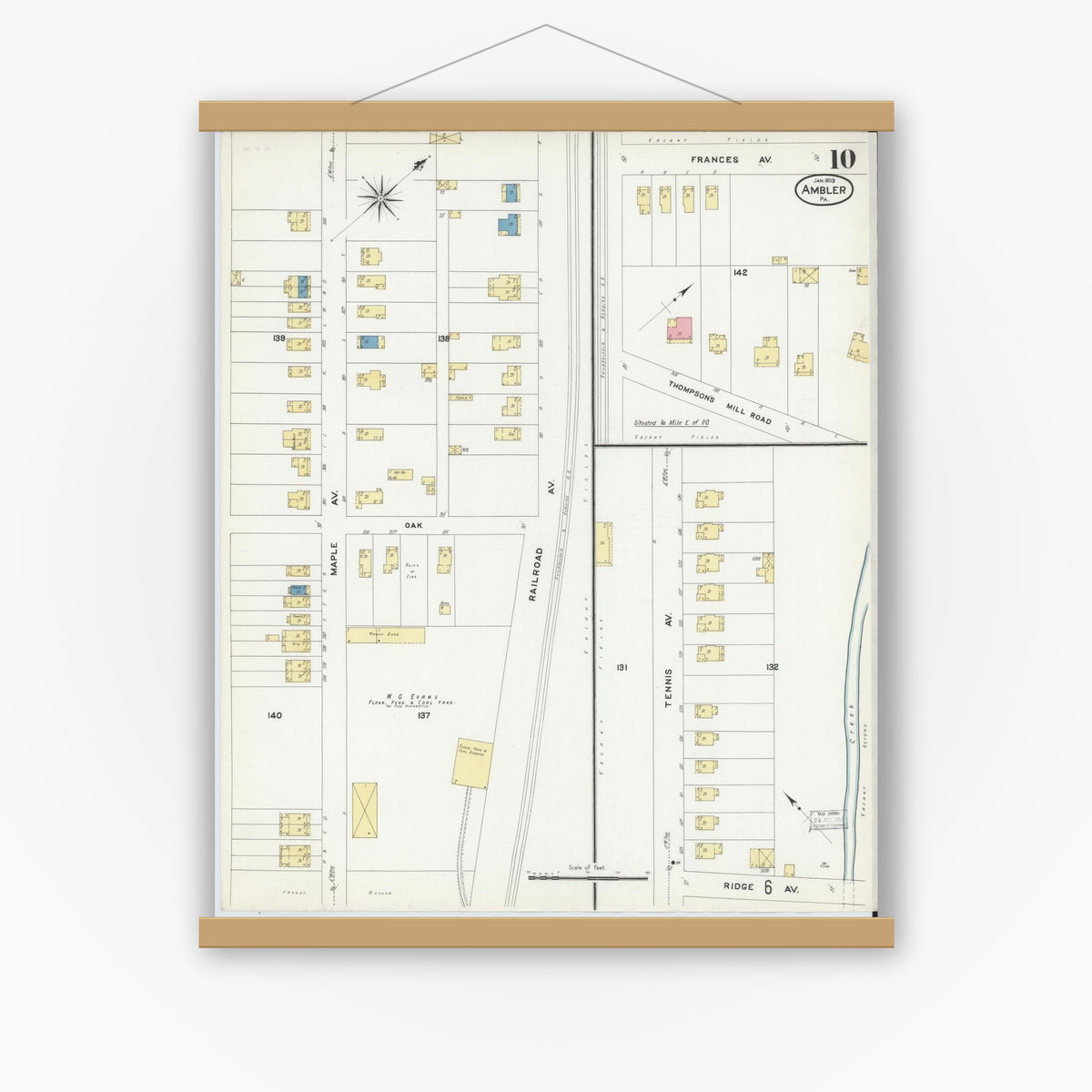 Old map wall art mockup — magnetic wood frame on white wall — Sanborn Fire Insurance Map from Ambler, Montgomery County, Pennsylvania (1909), Sheet #0010