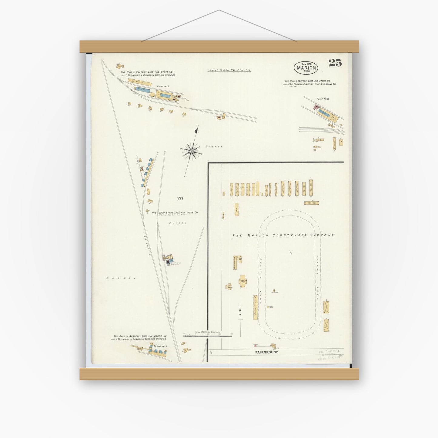 Old map wall art mockup — magnetic wood frame on white wall — Sanborn Fire Insurance Map from Marion, Marion County, Ohio (1908), Sheet #0025