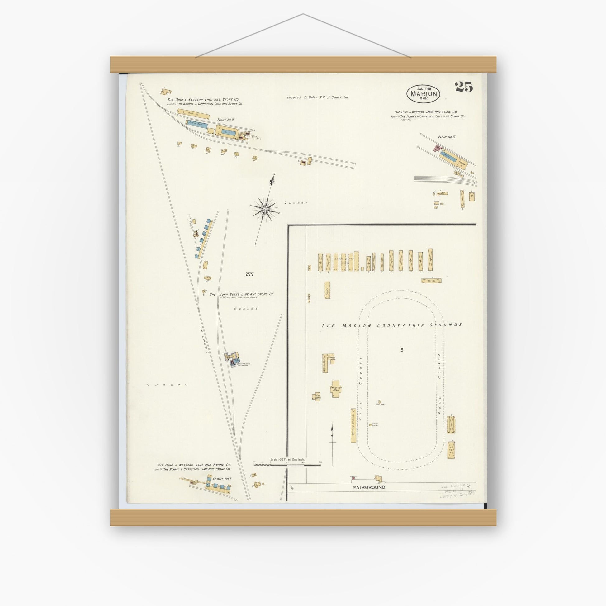 Old map wall art mockup — magnetic wood frame on white wall — Sanborn Fire Insurance Map from Marion, Marion County, Ohio (1908), Sheet #0025