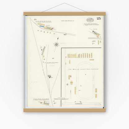 Old map wall art mockup — magnetic wood frame on white wall — Sanborn Fire Insurance Map from Marion, Marion County, Ohio (1908), Sheet #0025