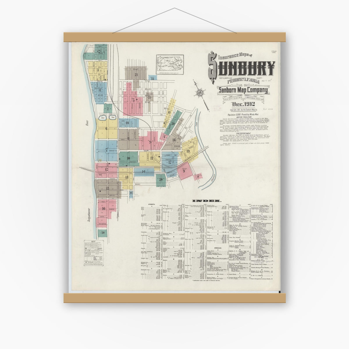 Old map wall art mockup — magnetic wood frame on white wall — Sanborn Fire Insurance Map from Sunbury, Northumberland County, Pennsylvania (1912) - Complete Map Set