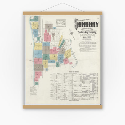 Old map wall art mockup — magnetic wood frame on white wall — Sanborn Fire Insurance Map from Sunbury, Northumberland County, Pennsylvania (1912) - Complete Map Set