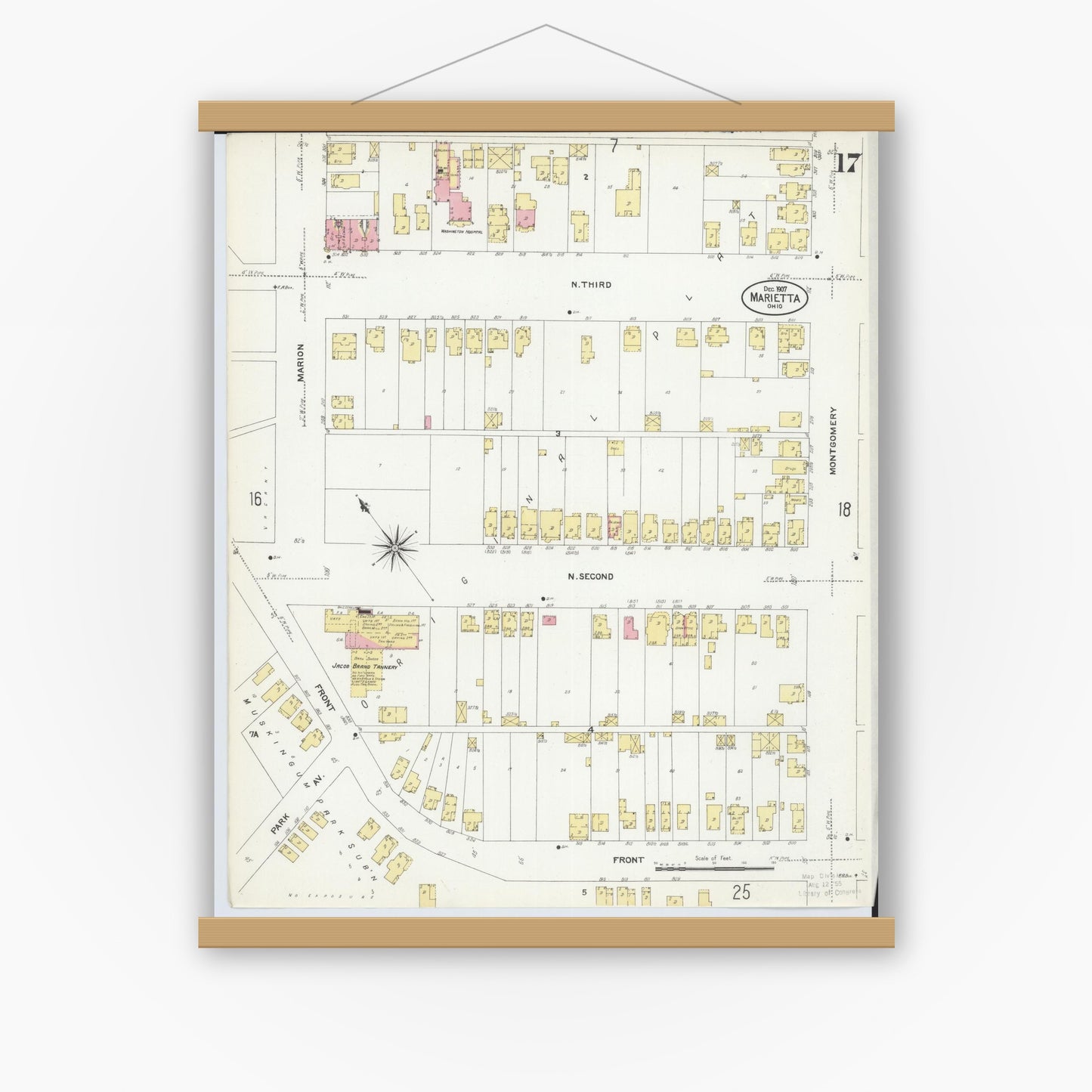 Old map wall art mockup — magnetic wood frame on white wall — Sanborn Fire Insurance Map from Marietta, Washington County, Ohio (1907), Sheet #0017