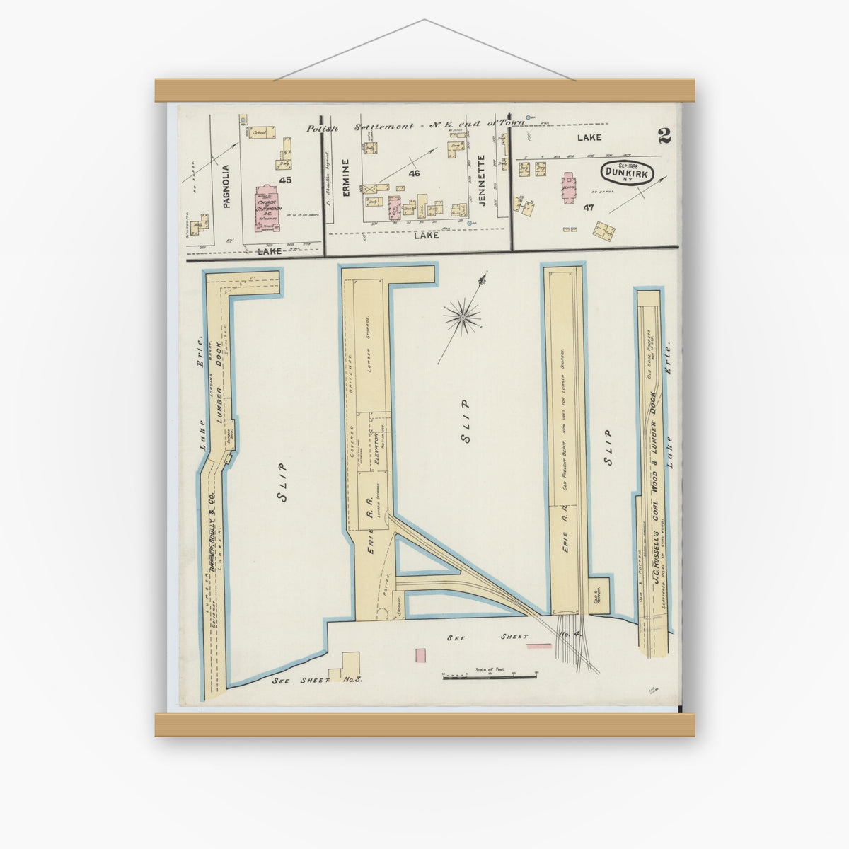 Old map wall art mockup — magnetic wood frame on white wall — Sanborn Fire Insurance Map from Dunkirk, Chautauqua County, New York (1888) - Complete Map Set