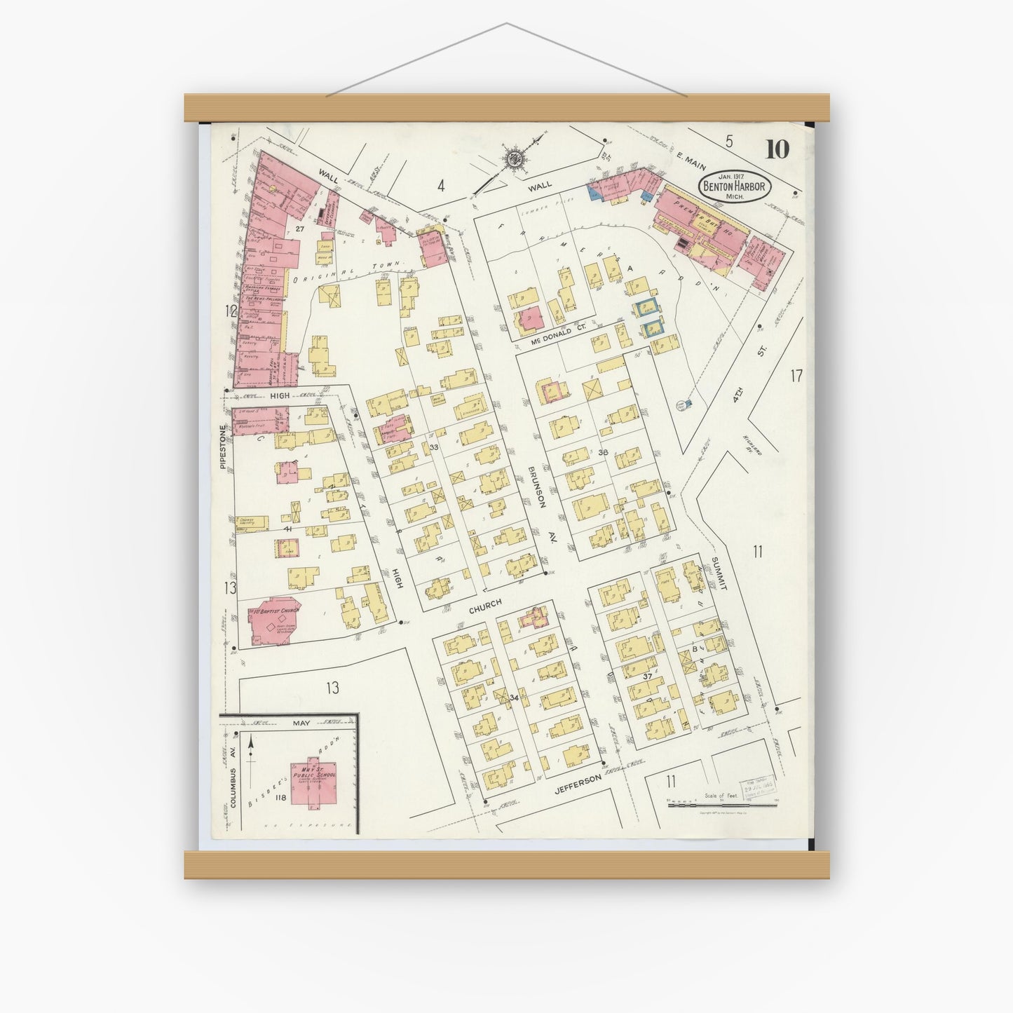 Old map wall art mockup — magnetic wood frame on white wall — Sanborn Fire Insurance Map from Benton Harbor, Berrien County, Michigan (1917), Sheet #0010