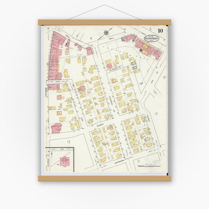 Old map wall art mockup — magnetic wood frame on white wall — Sanborn Fire Insurance Map from Benton Harbor, Berrien County, Michigan (1917), Sheet #0010