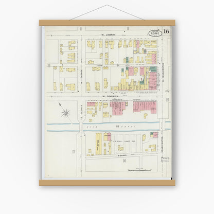 Old map wall art mockup — magnetic wood frame on white wall — Sanborn Fire Insurance Map from Rome, Oneida County, New York (1894), Sheet #0016