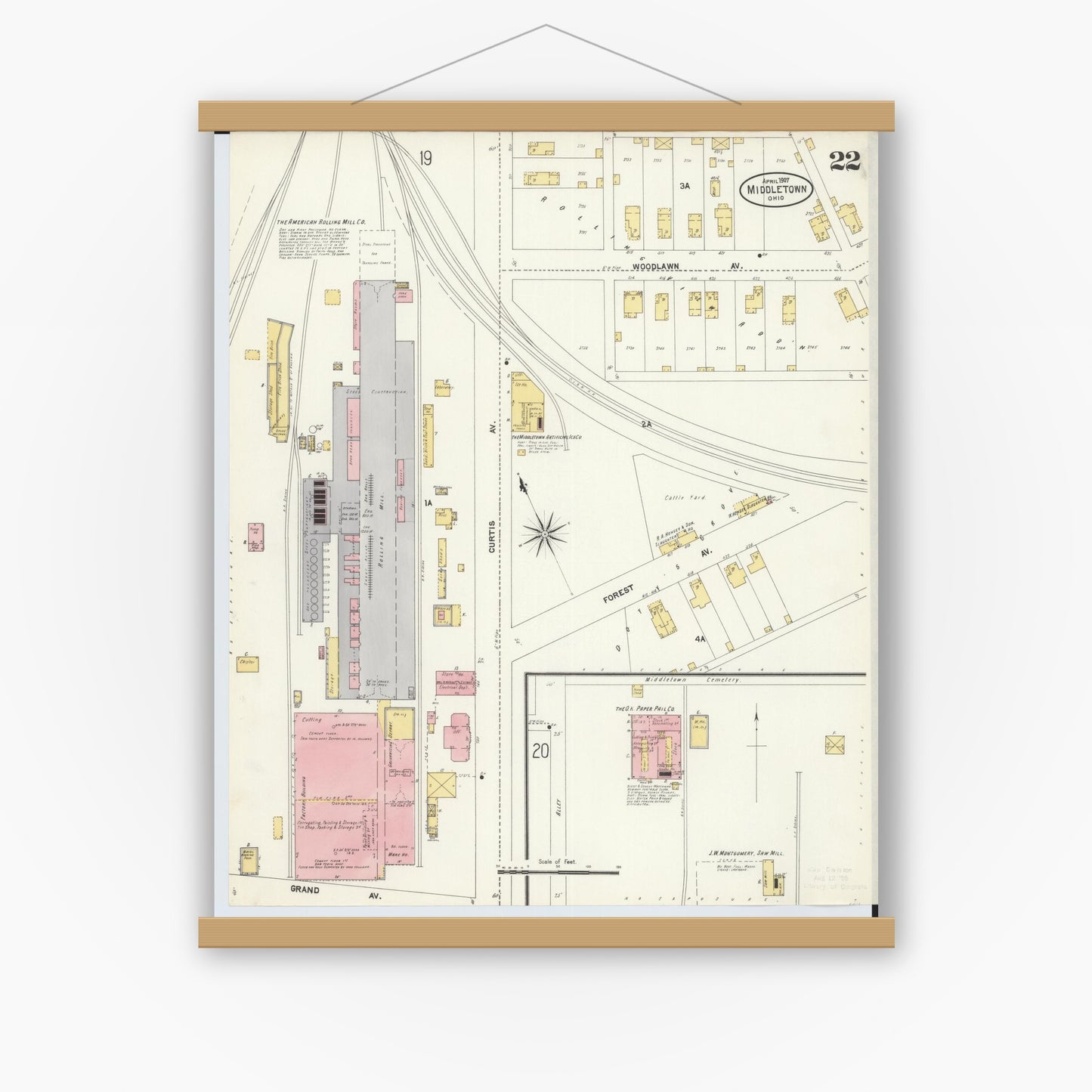 Old map wall art mockup — magnetic wood frame on white wall — Sanborn Fire Insurance Map from Middletown, Butler County, Ohio (1907), Sheet #0022