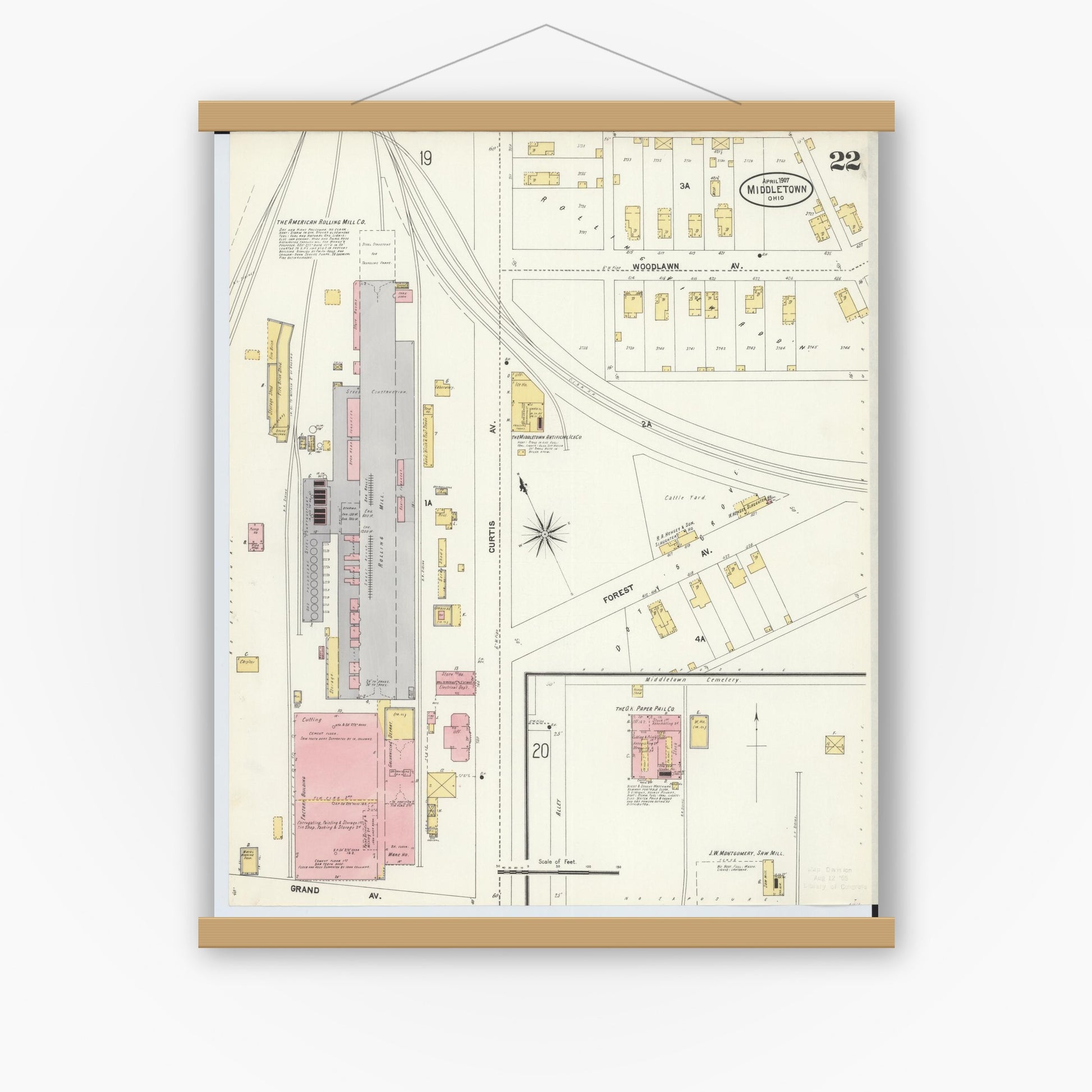 Old map wall art mockup — magnetic wood frame on white wall — Sanborn Fire Insurance Map from Middletown, Butler County, Ohio (1907), Sheet #0022