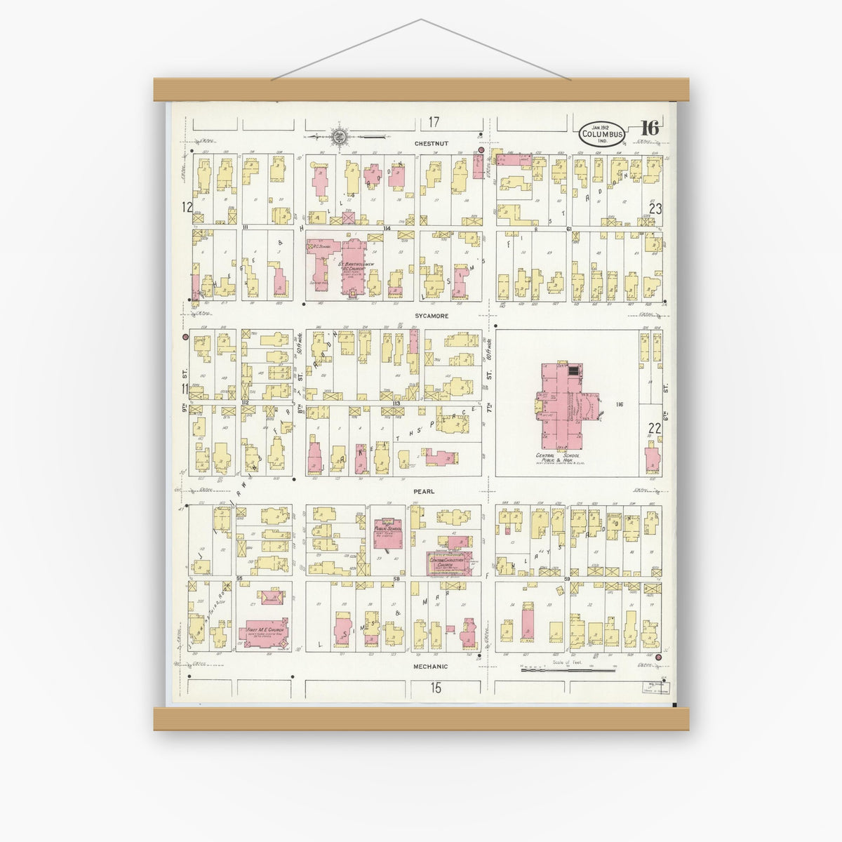 Old map wall art mockup — magnetic wood frame on white wall — Sanborn Fire Insurance Map from Columbus, Bartholomew County, Indiana (1912), Sheet #0016