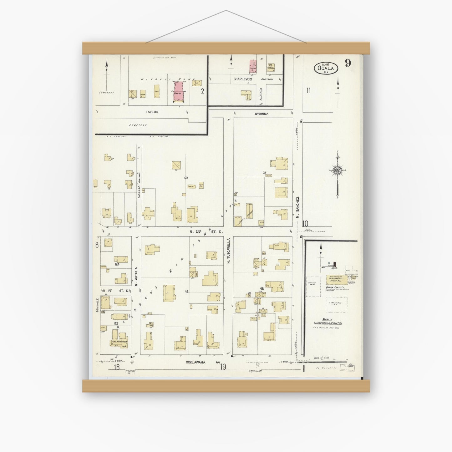Old map wall art mockup — magnetic wood frame on white wall — Sanborn Fire Insurance Map from Ocala, Marion County, Florida (1912), Sheet #0009
