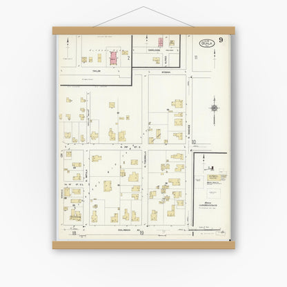 Old map wall art mockup — magnetic wood frame on white wall — Sanborn Fire Insurance Map from Ocala, Marion County, Florida (1912), Sheet #0009