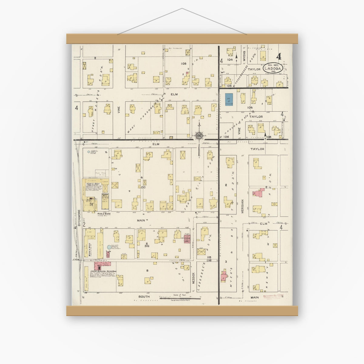 Old map wall art mockup — magnetic wood frame on white wall — Sanborn Fire Insurance Map from Ladoga, Montgomery County, Indiana (1922), Sheet #0004